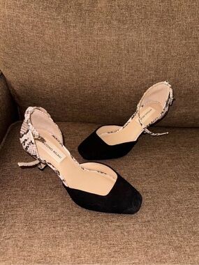 ANTONIO MELANI Black Suede Pumps with Snake-Print Ankle Strap